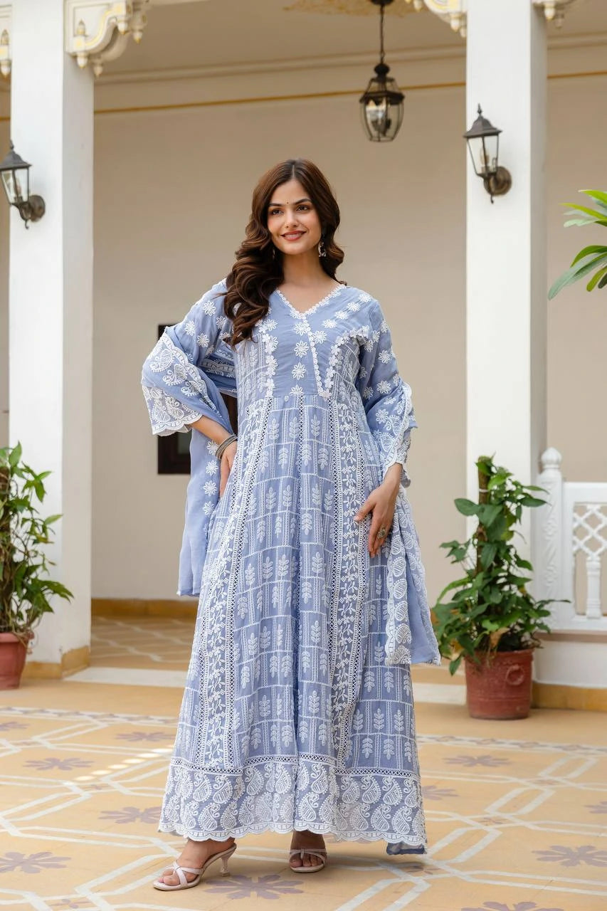 Pale Blue Lakhnowi Work Mal Cotton Suit