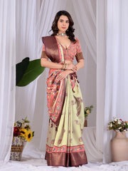Woman wearing a traditional saree with a floral background