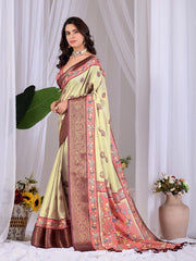 Woman wearing a traditional saree with a floral background