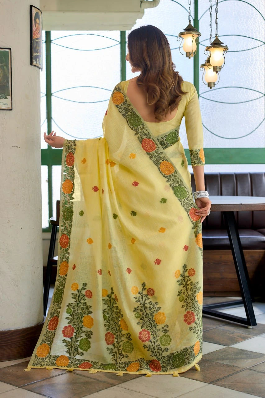 Woman wearing a yellow saree with floral patterns indoors.