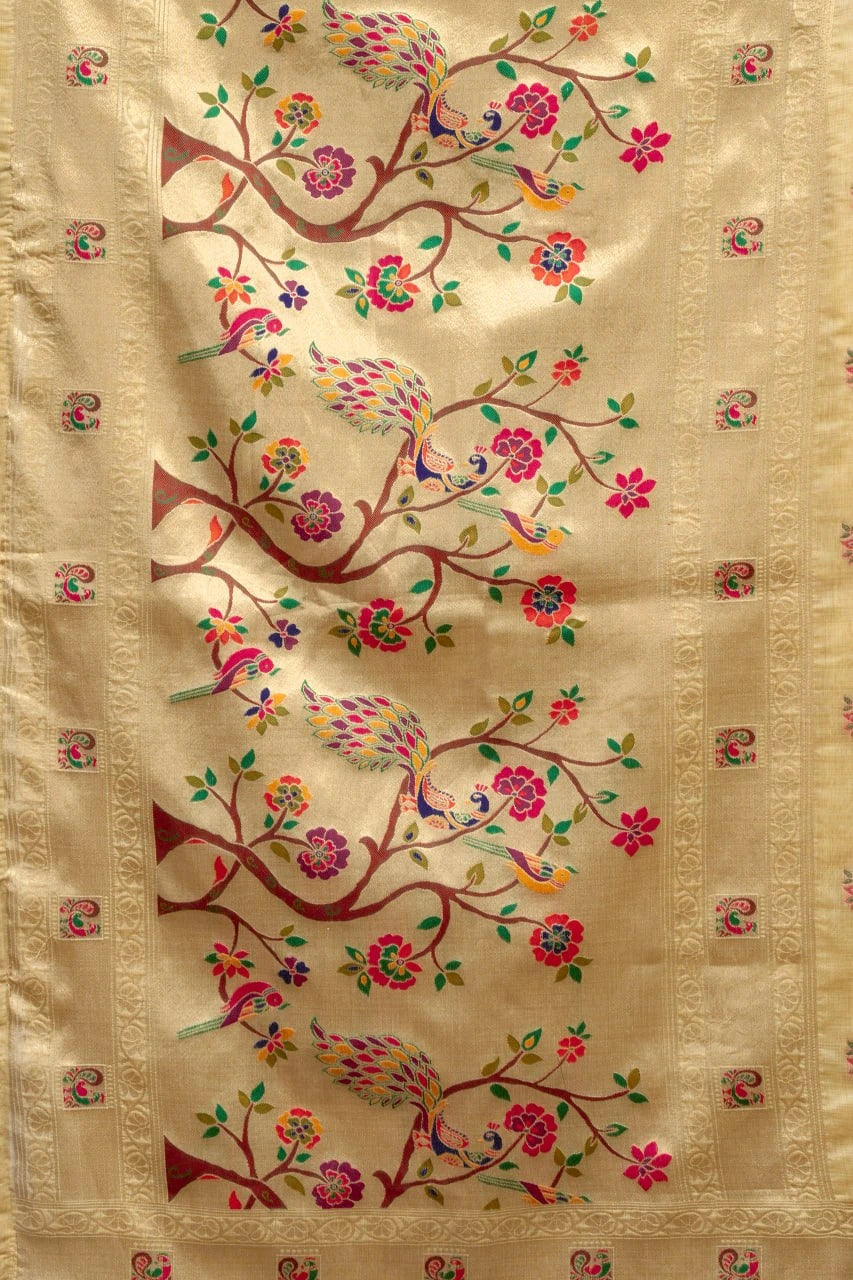 Decorative fabric with floral and bird patterns on a beige background