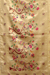 Decorative fabric with floral and bird patterns on a beige background