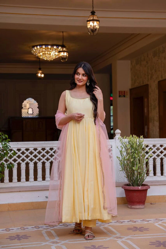 Pale Yellow Solid Roman Cotton Suit