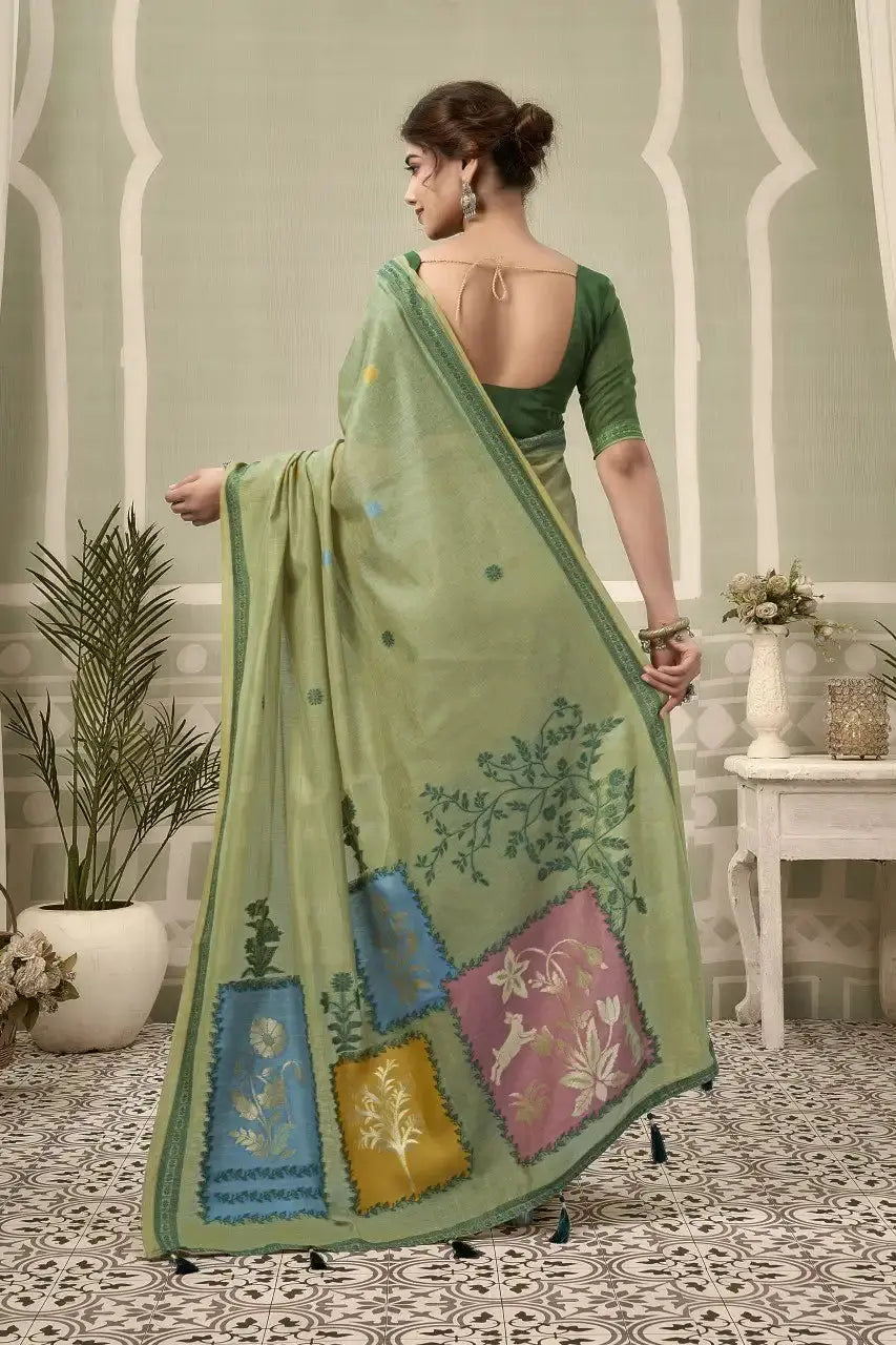Pastel Green Jacquard Cotton Saree – back view showing multicolour woven square pallu