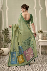 Pastel Green Jacquard Cotton Saree – back view showing multicolour woven square pallu