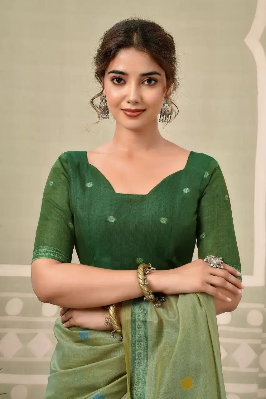 Pastel Green Saree dark forest green running blouse close-up with square neck and woven motifs
