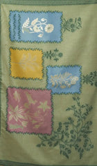 Pastel Green Jacquard Cotton Saree flat lay showing woven square panels in blue, mustard and pink