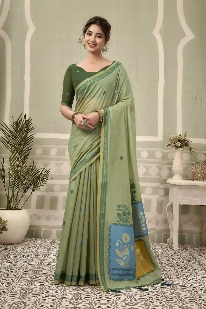Pastel Green Jacquard Weaving Cotton Saree – front full standing drape view on model