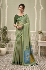 Pastel Green Jacquard Weaving Cotton Saree – front full standing drape view on model