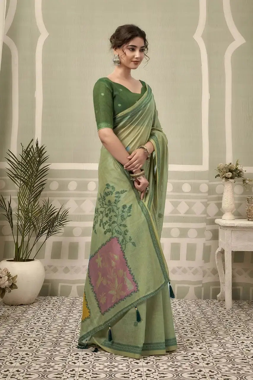 Pastel Green Jacquard Saree – three-quarter view showing woven multicolour pallu panels