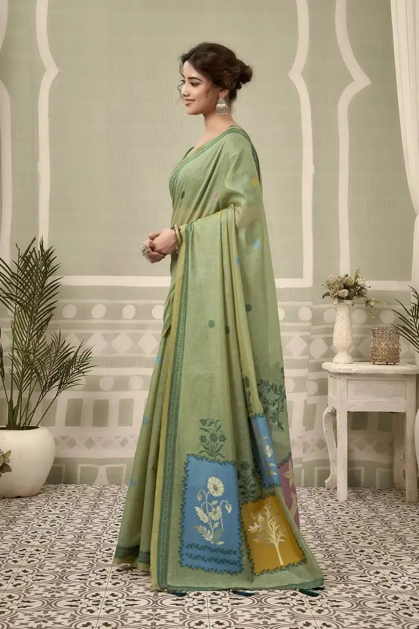 Pastel Green Heavy Cotton Saree – side drape view showing jacquard woven body motifs