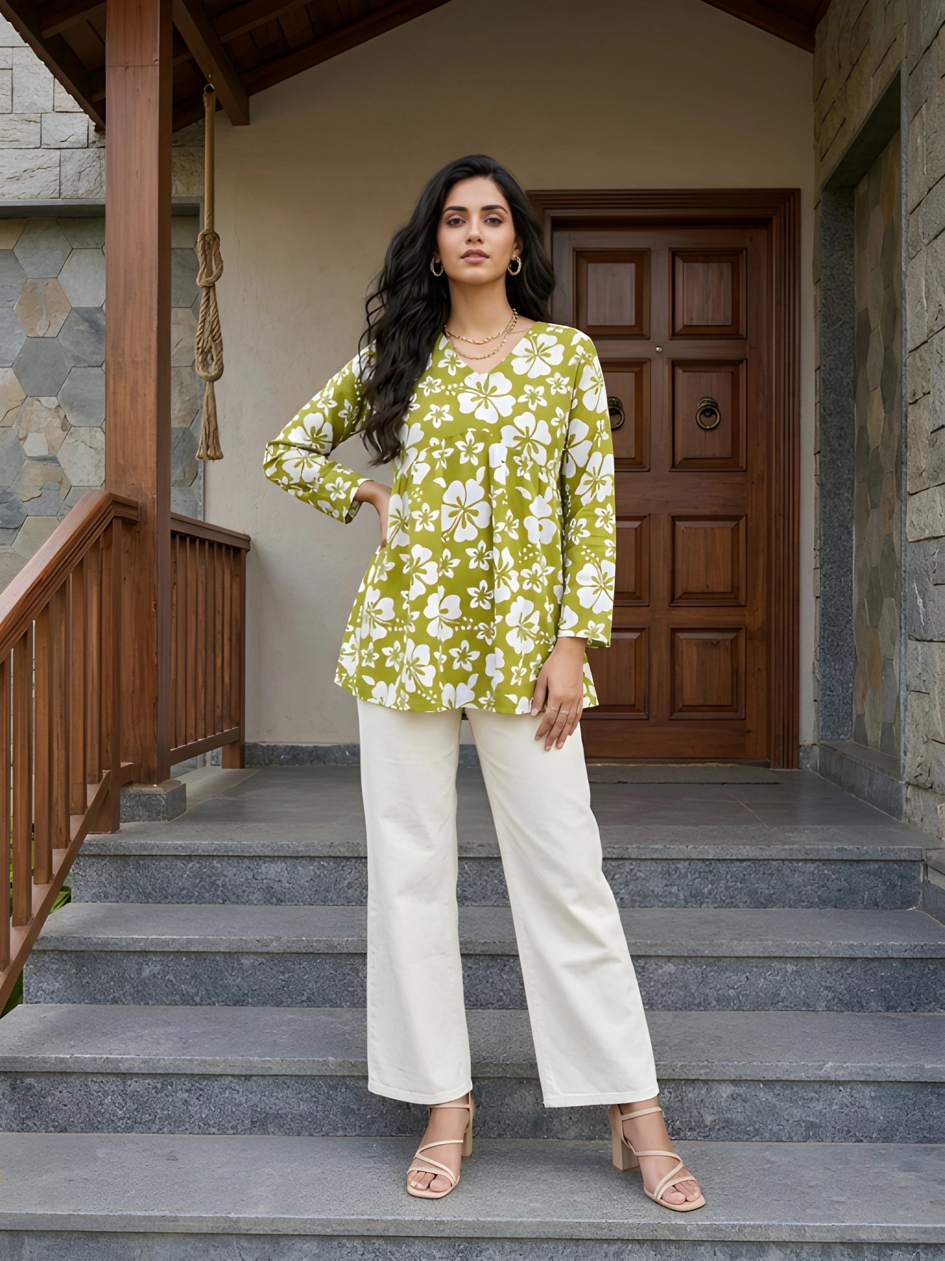 A full-length shot of a woman posing with a hand on her hip, wearing a green and white floral tunic and white wide-leg trousers on stone steps.