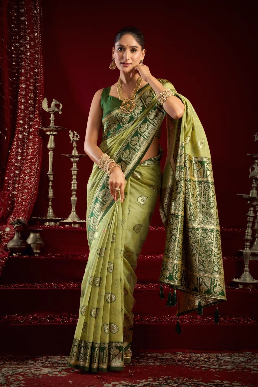 Woman in a green saree with a red background