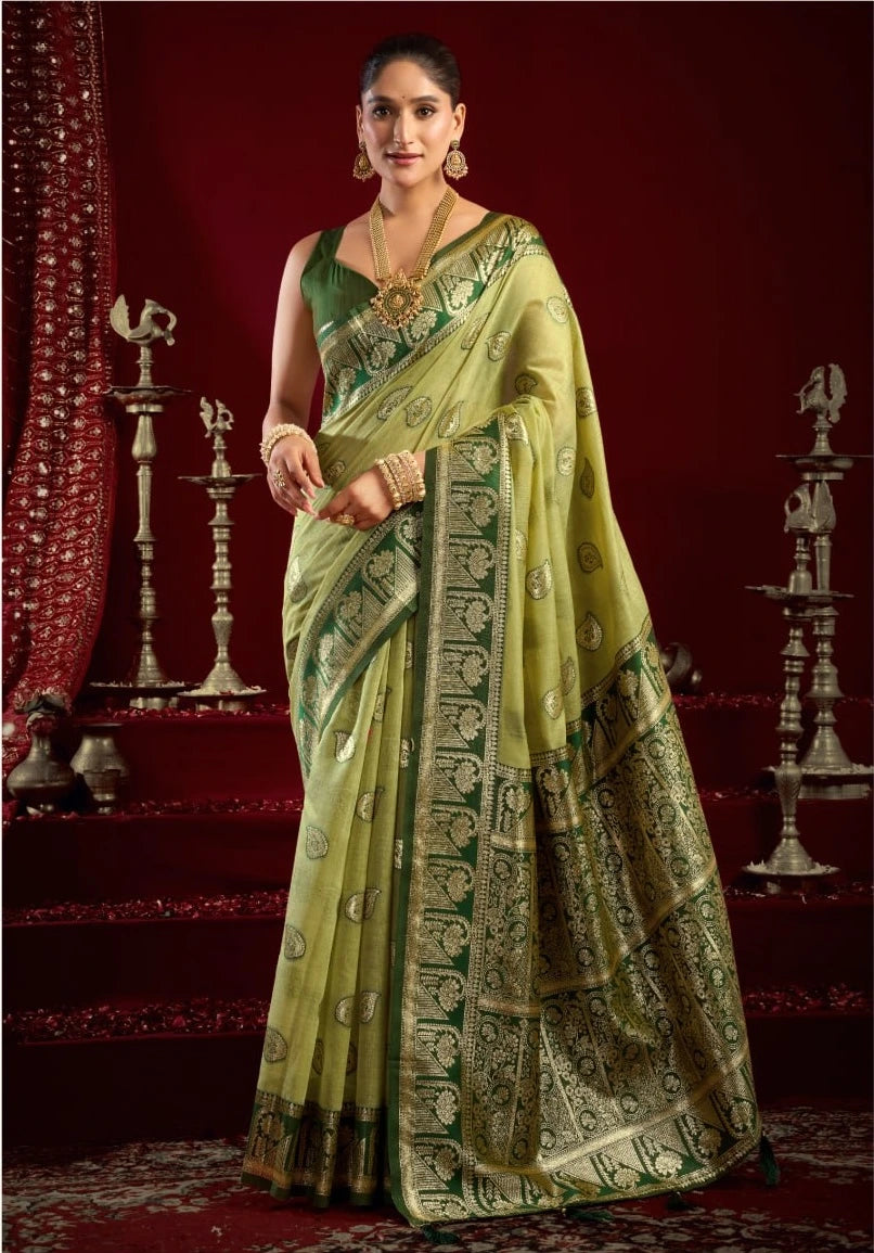 Woman in a green saree with gold patterns against a red background