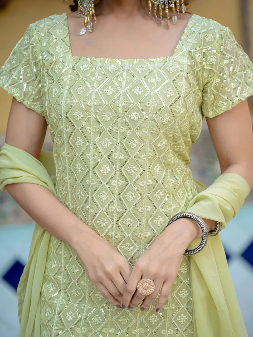 Light green embroidered traditional outfit with a blurred background