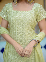 Light green embroidered traditional outfit with a blurred background