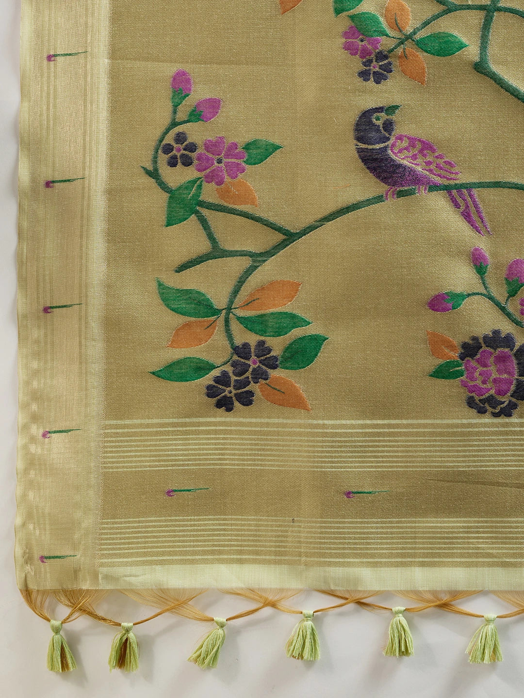 Embroidered fabric with birds and flowers on a beige background