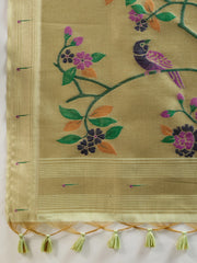 Embroidered fabric with birds and flowers on a beige background