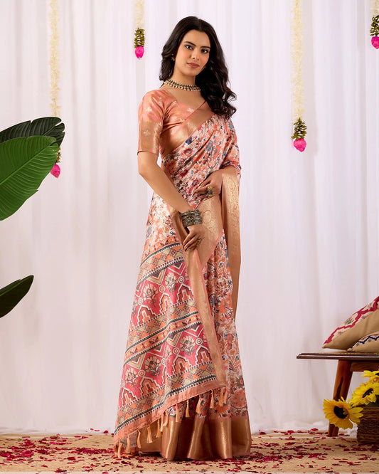 Woman in a floral saree with a white curtain background