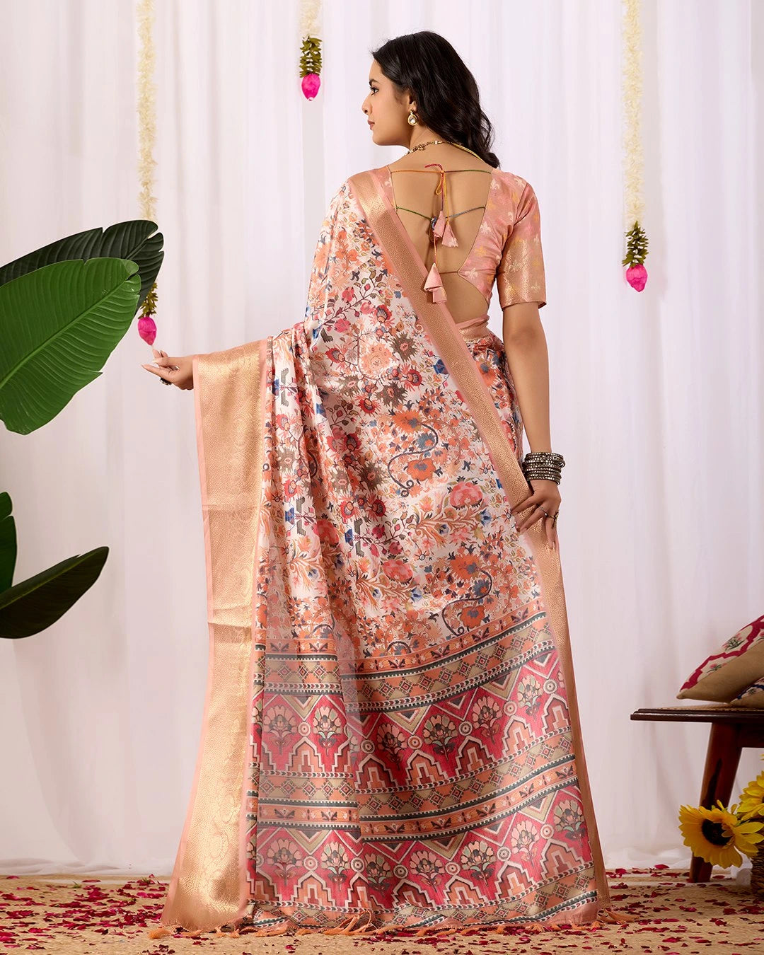 Buy Soft Peach Floral Lichi Silk Saree | Kalyanja
