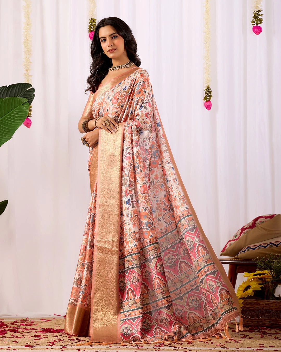 Buy Soft Peach Floral Lichi Silk Saree | Kalyanja
