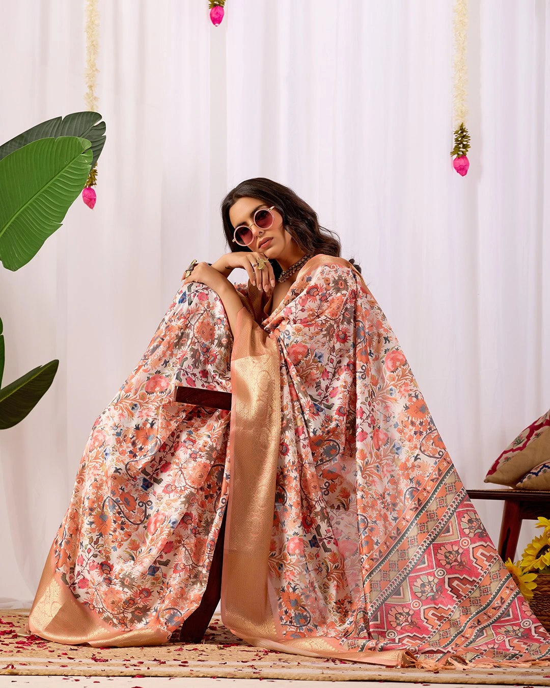 Buy Soft Peach Floral Lichi Silk Saree | Kalyanja
