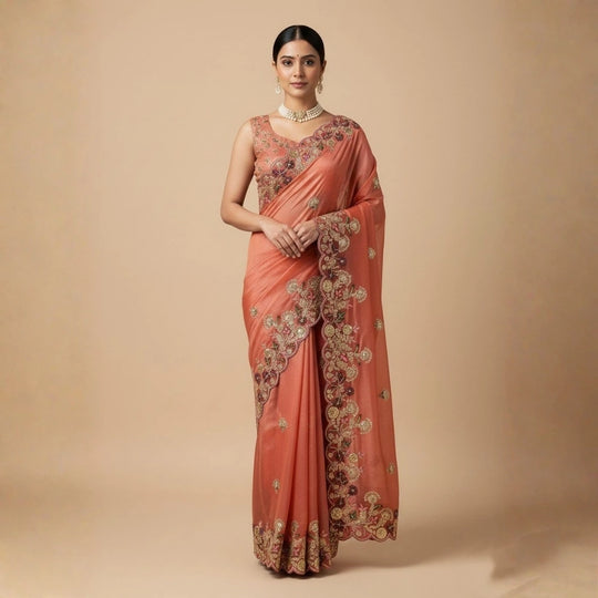 Woman wearing a peach saree with intricate gold embroidery on a beige background