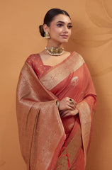 Woman wearing a traditional saree with intricate patterns on an orange background