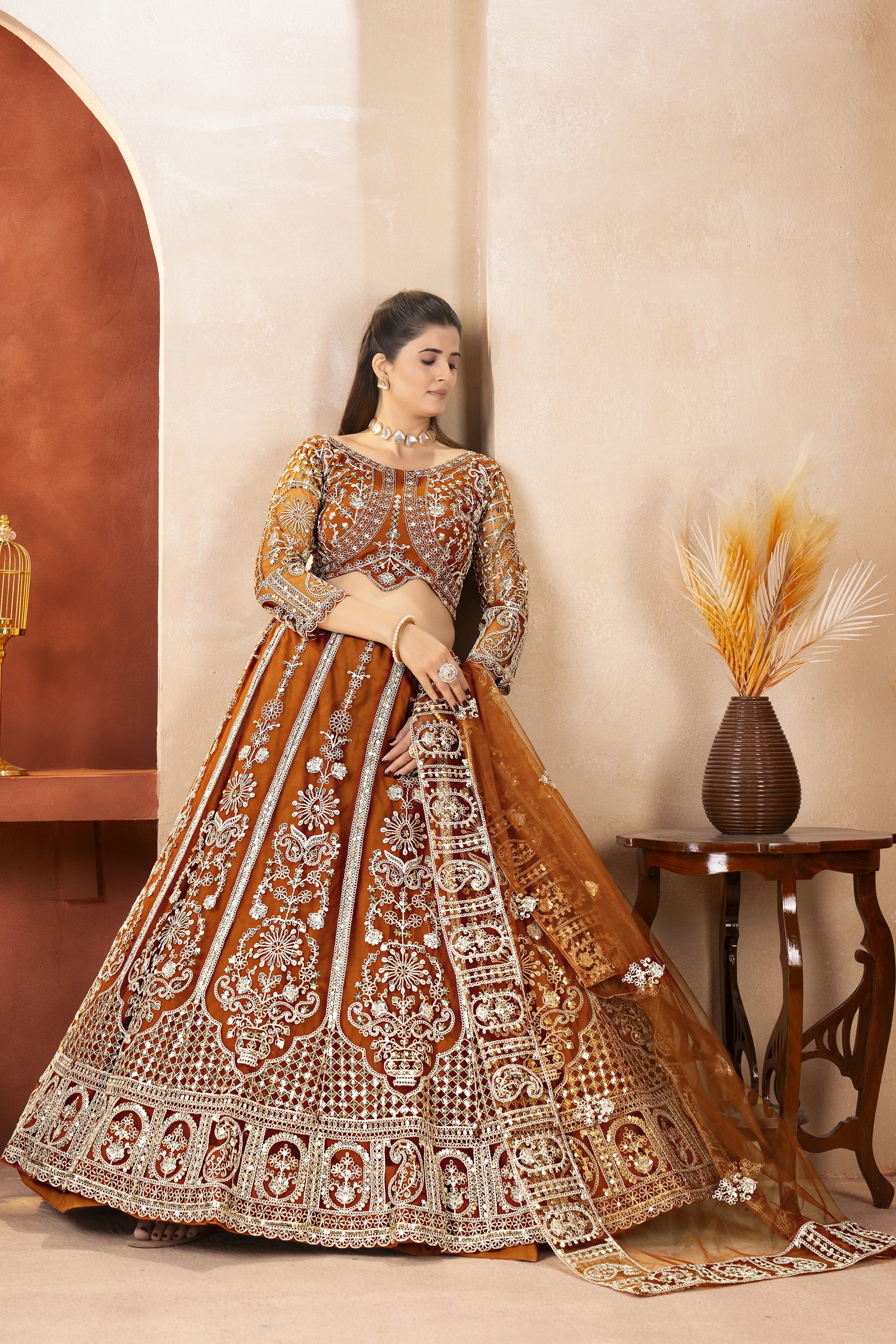 Light Orange Sequins Embroidered Butterfly Net Lehenga
