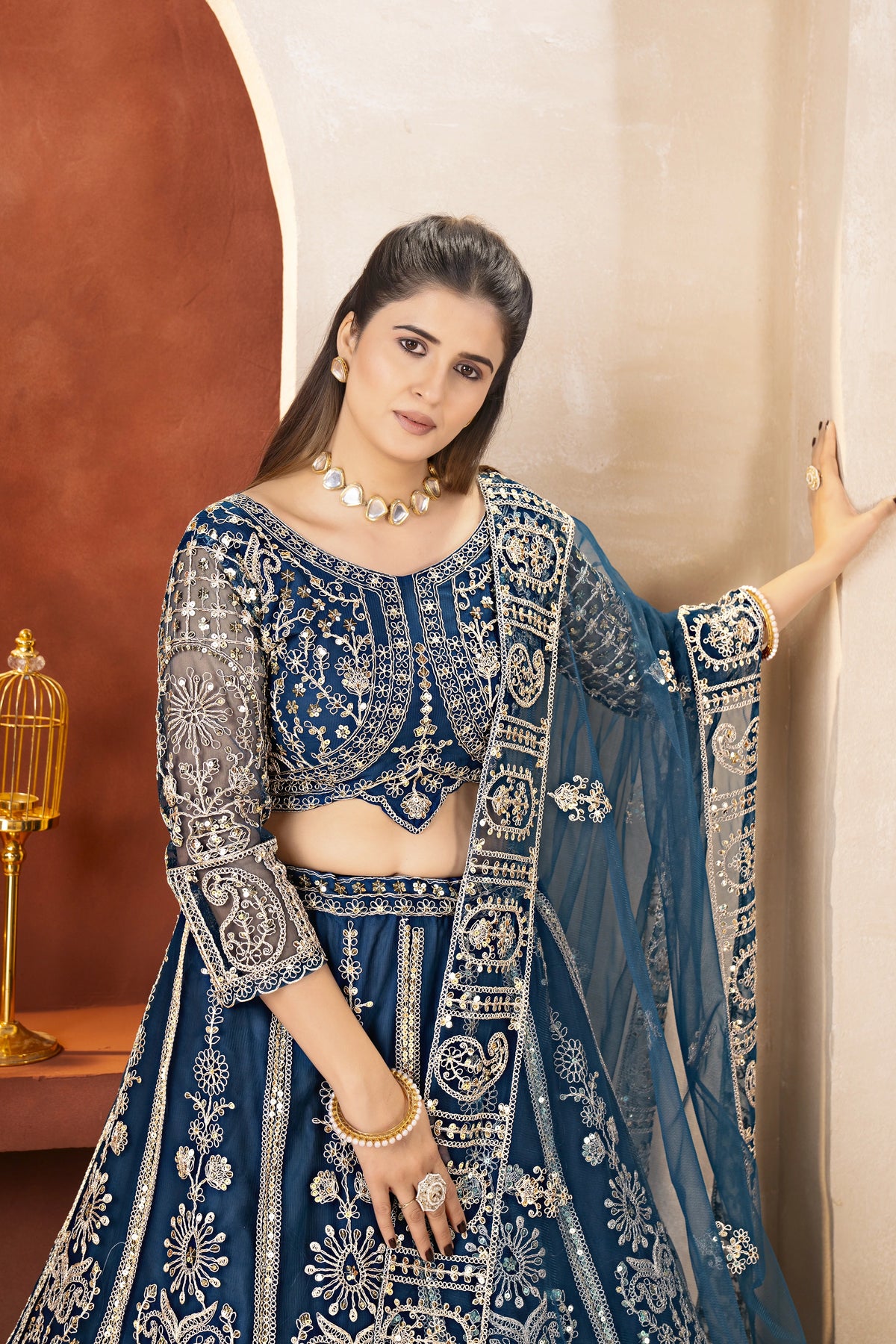 navy blue sequins embroidered butterfly net lehenga