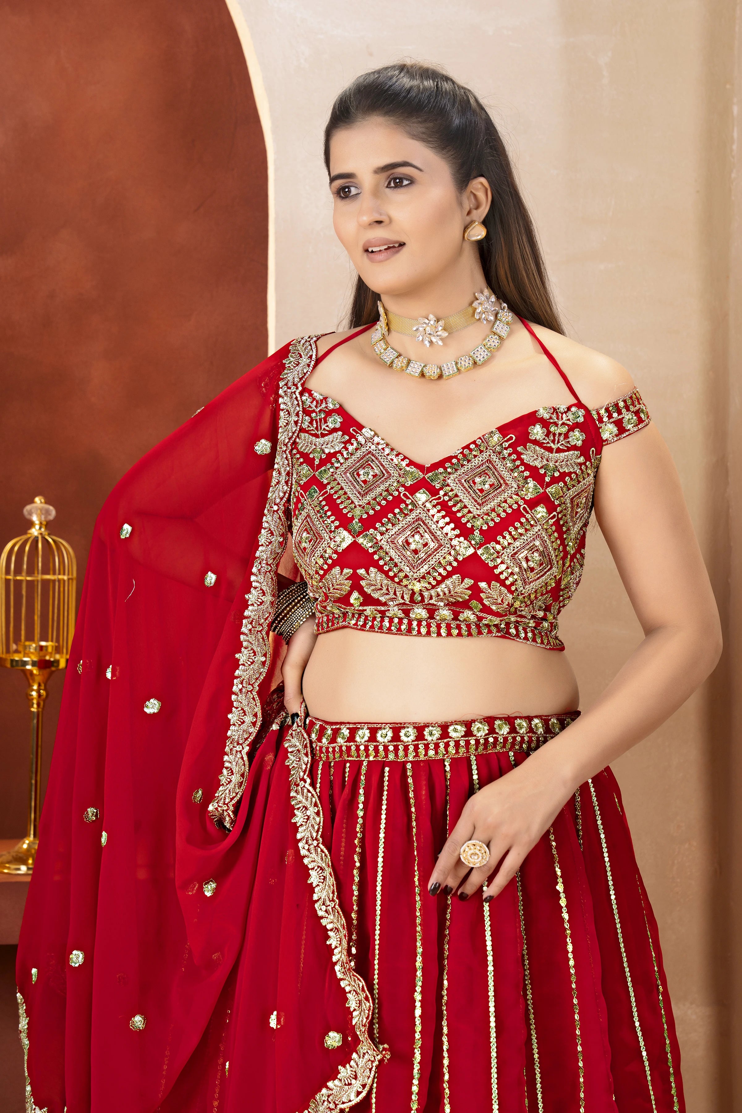 red sequins zari embroidered faux georgette lehenga
