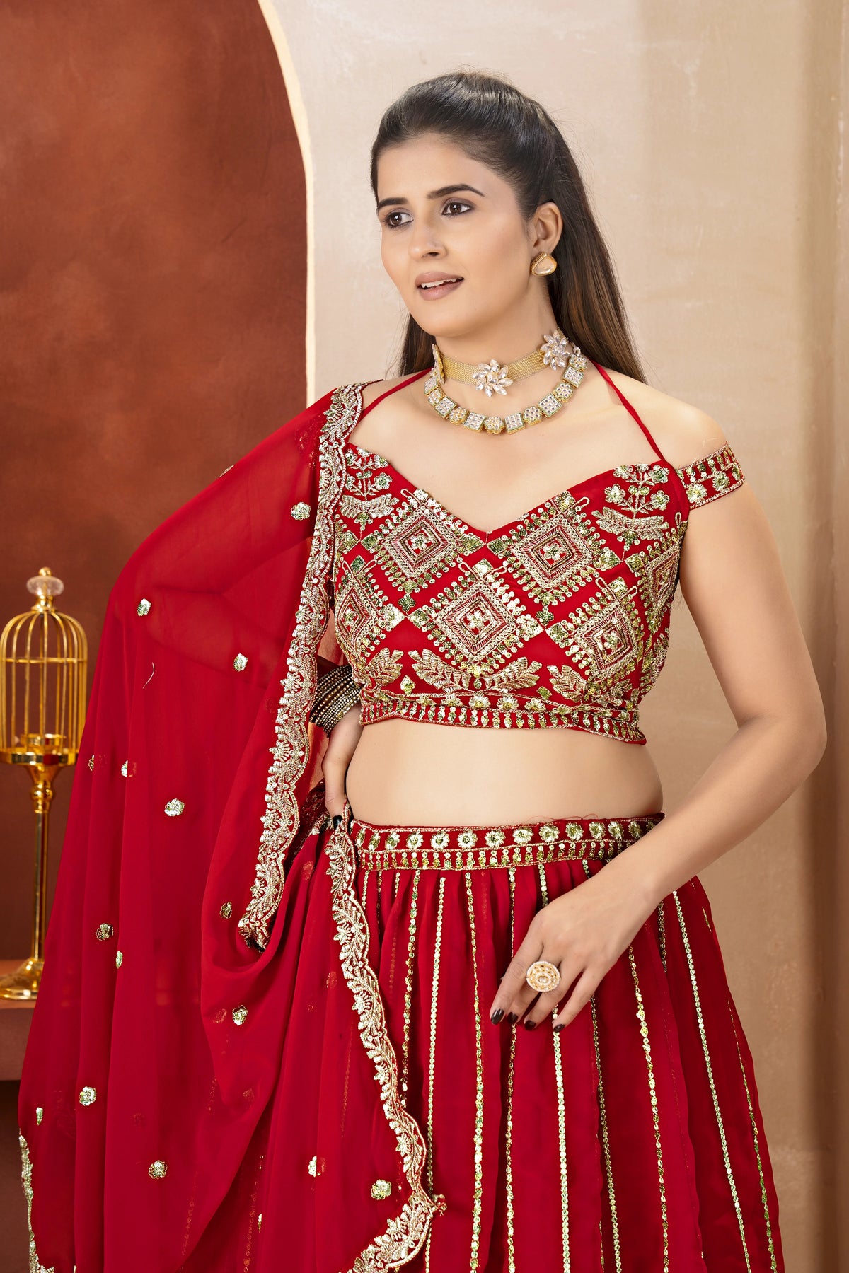 red sequins zari embroidered faux georgette lehenga