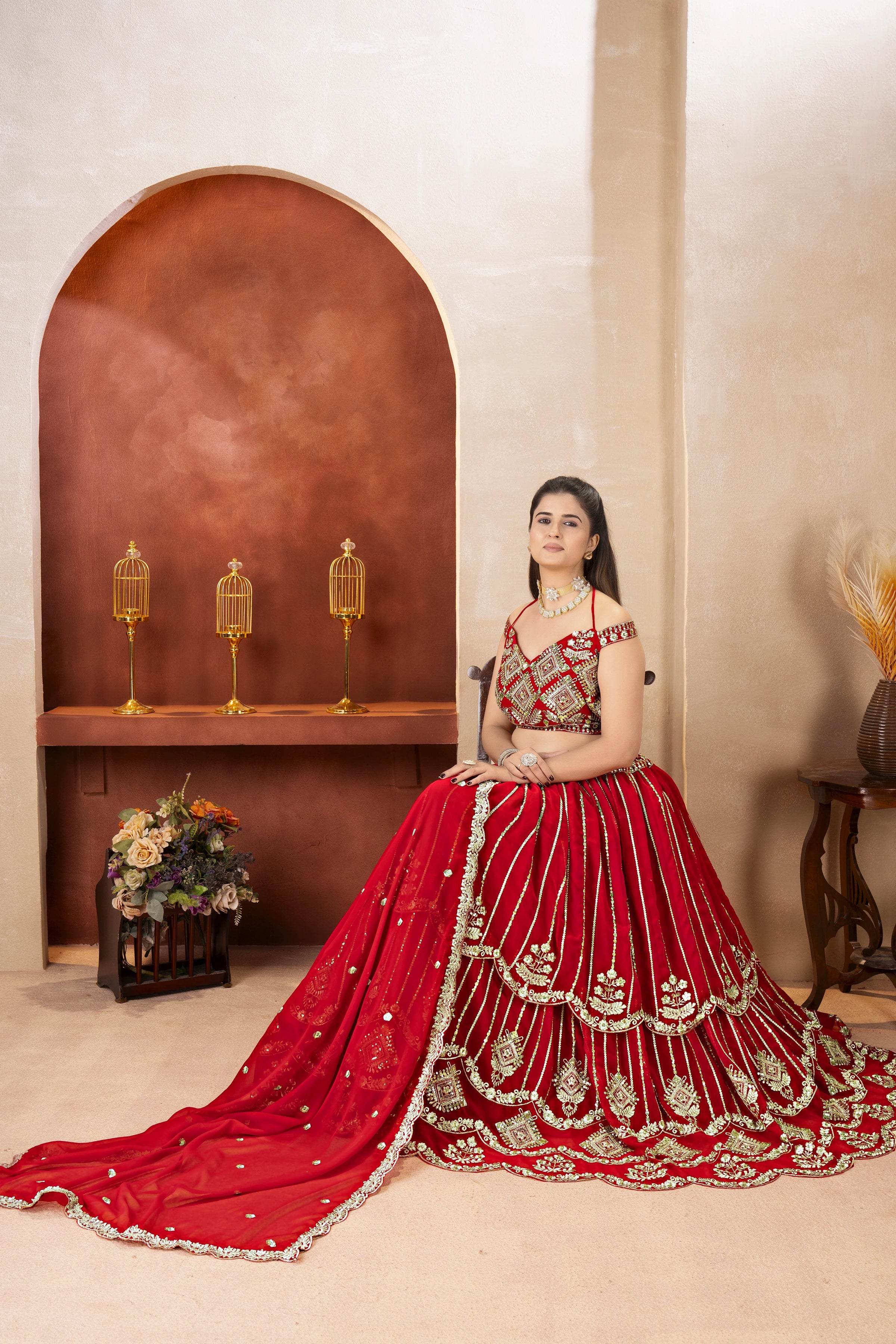 Red Sequins Zari Embroidered Faux Georgette Lehenga