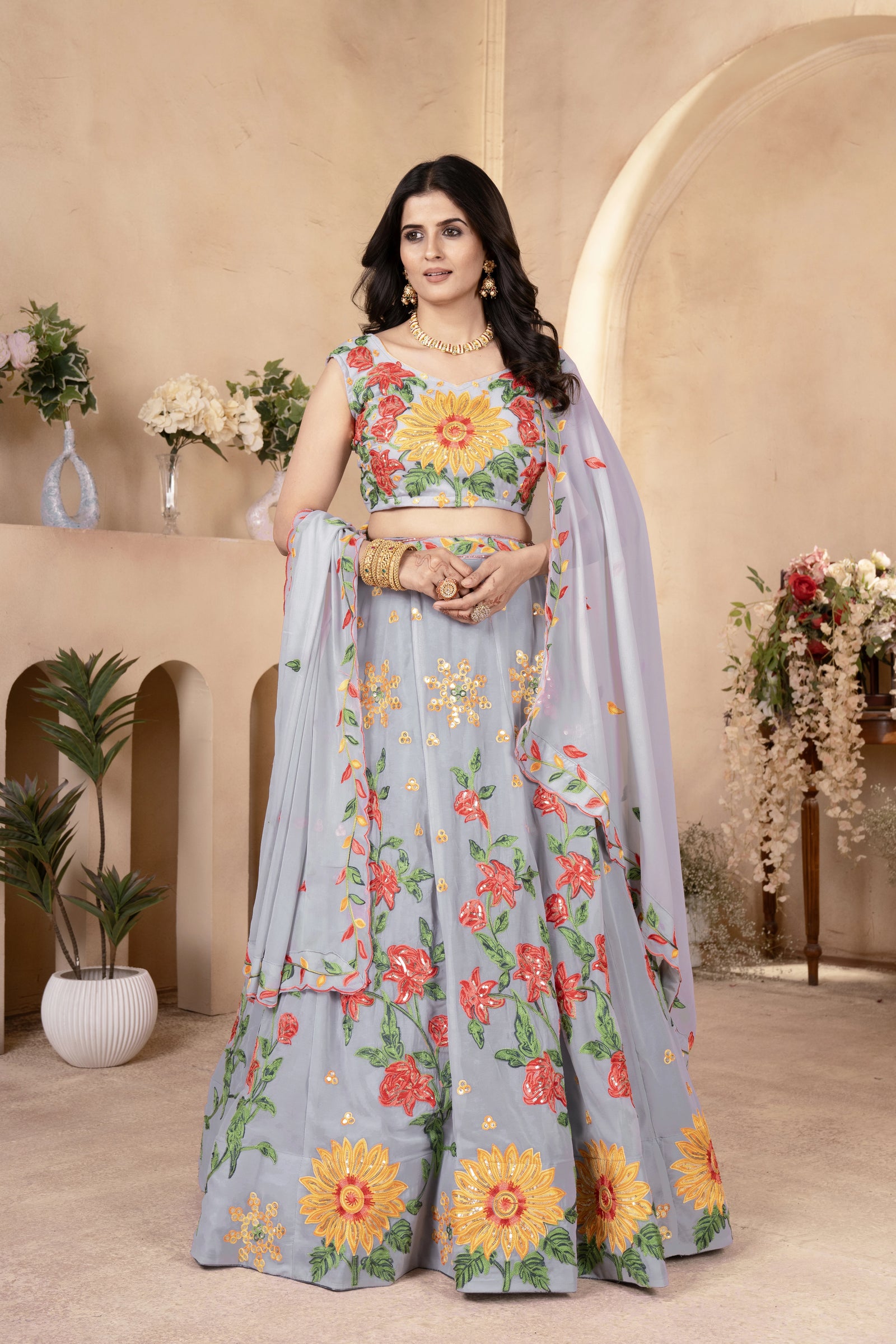 gray sequins thread embroidered faux georgette lehenga