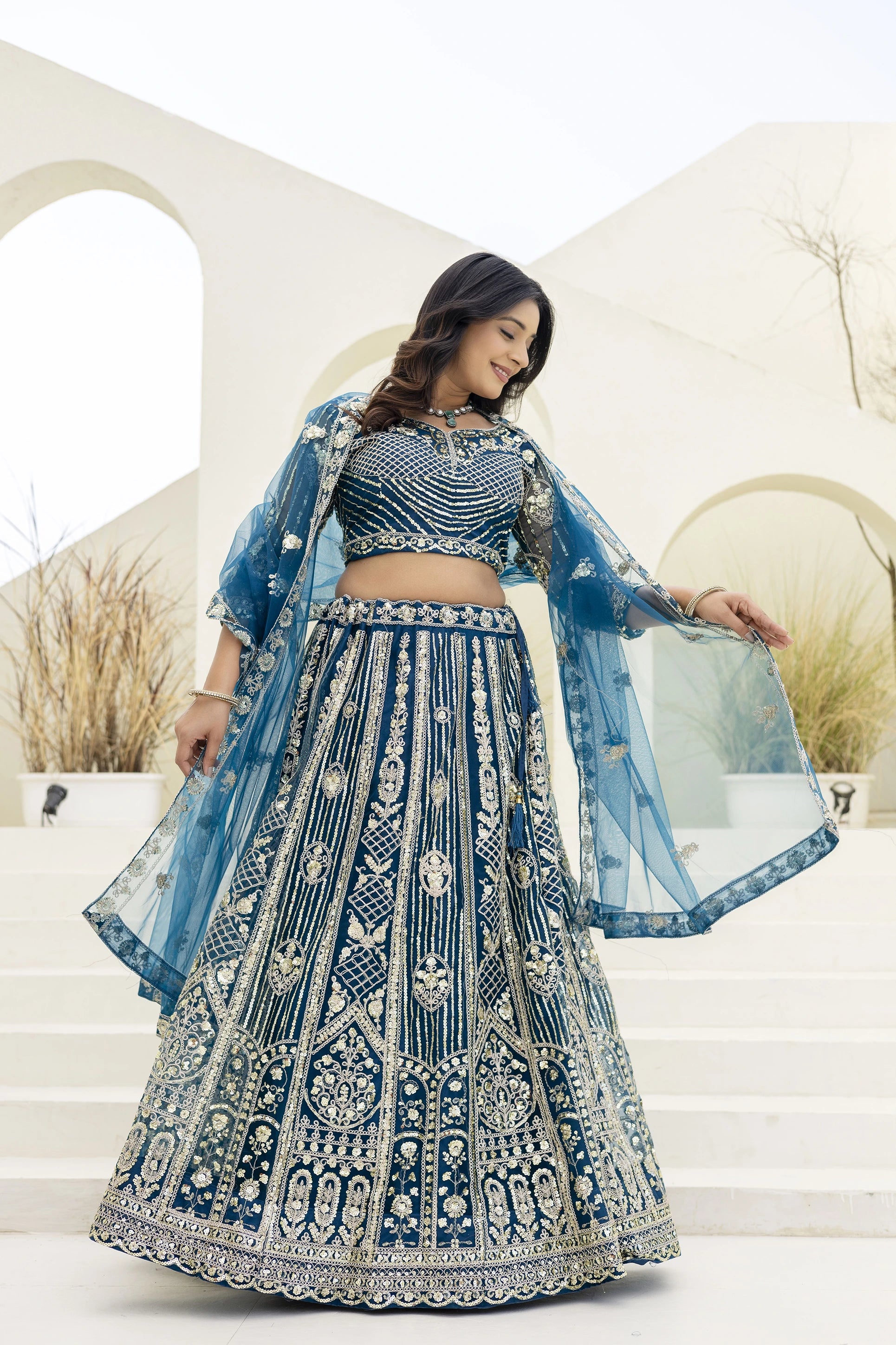blue emboridery gorgeous lehenga - kalyanja