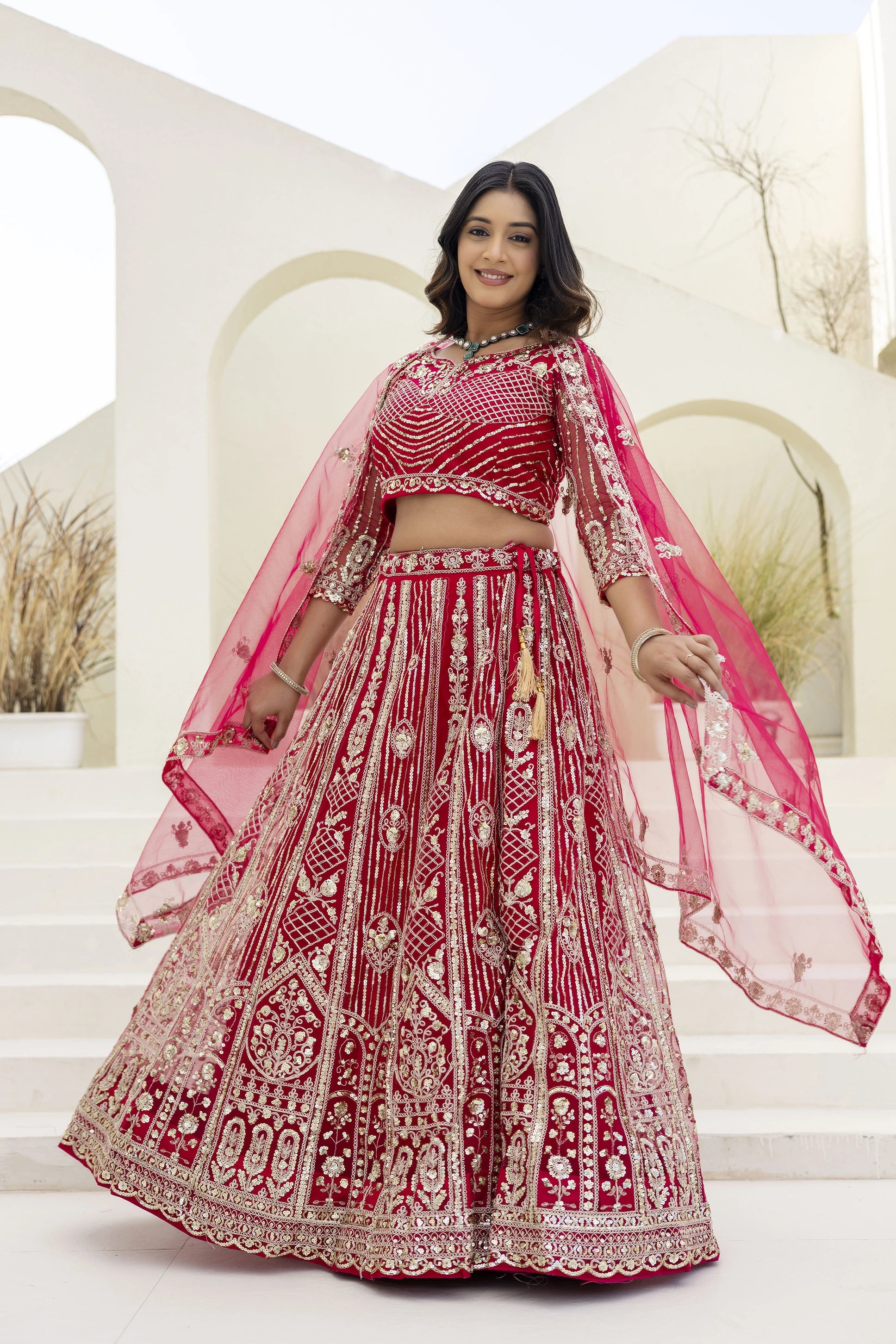 dark pink sequins codding embroidered butterfly net lehenga