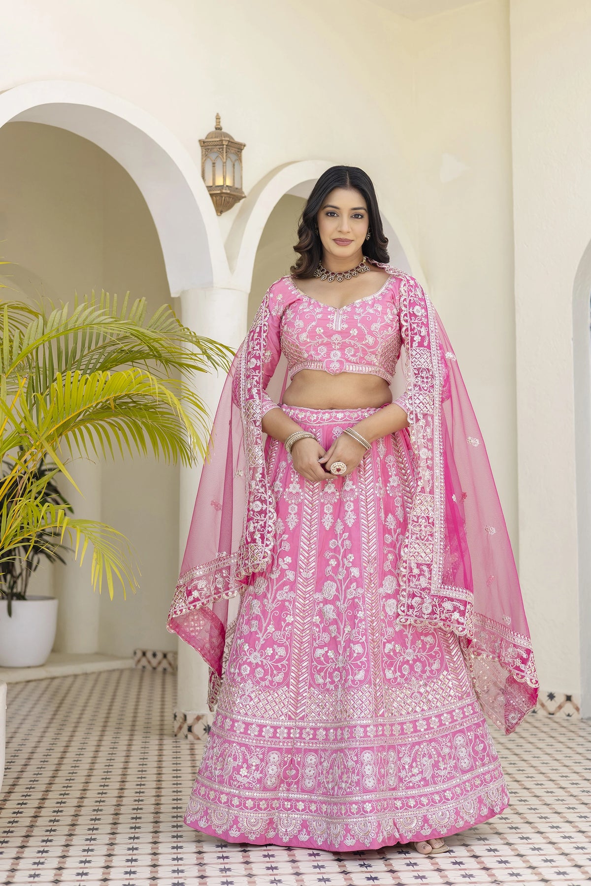 Pink Sequins Codding Zari Embroidered Natural Crap Silk Lehenga