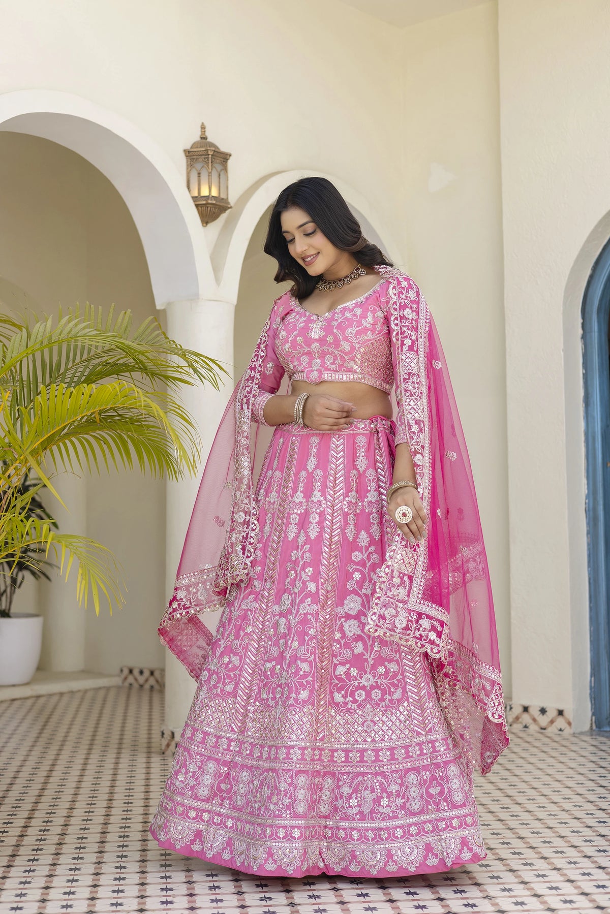 pink sequins codding zari embroidered natural crap silk lehenga