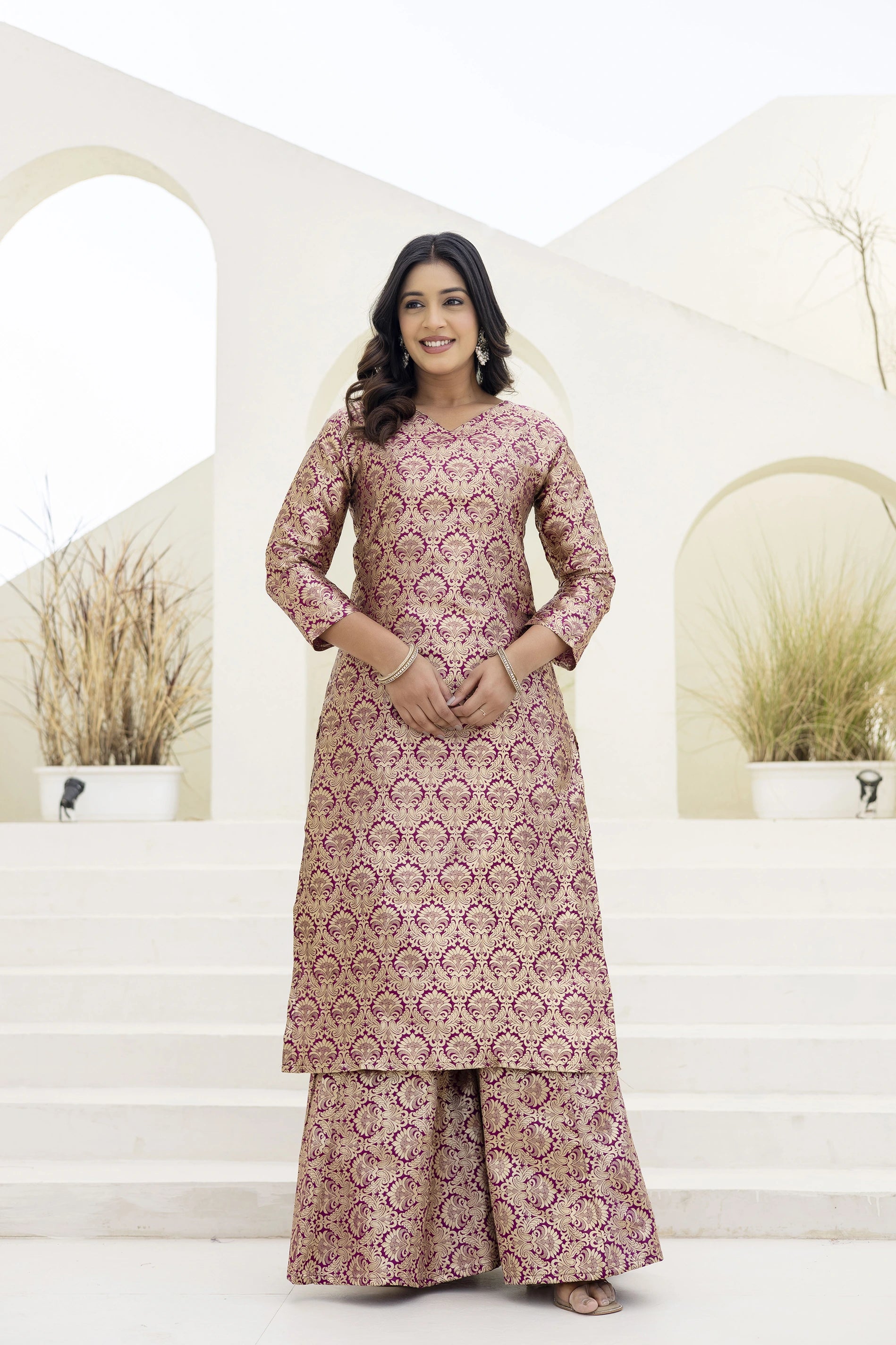 maroon jacquard work viscose suit