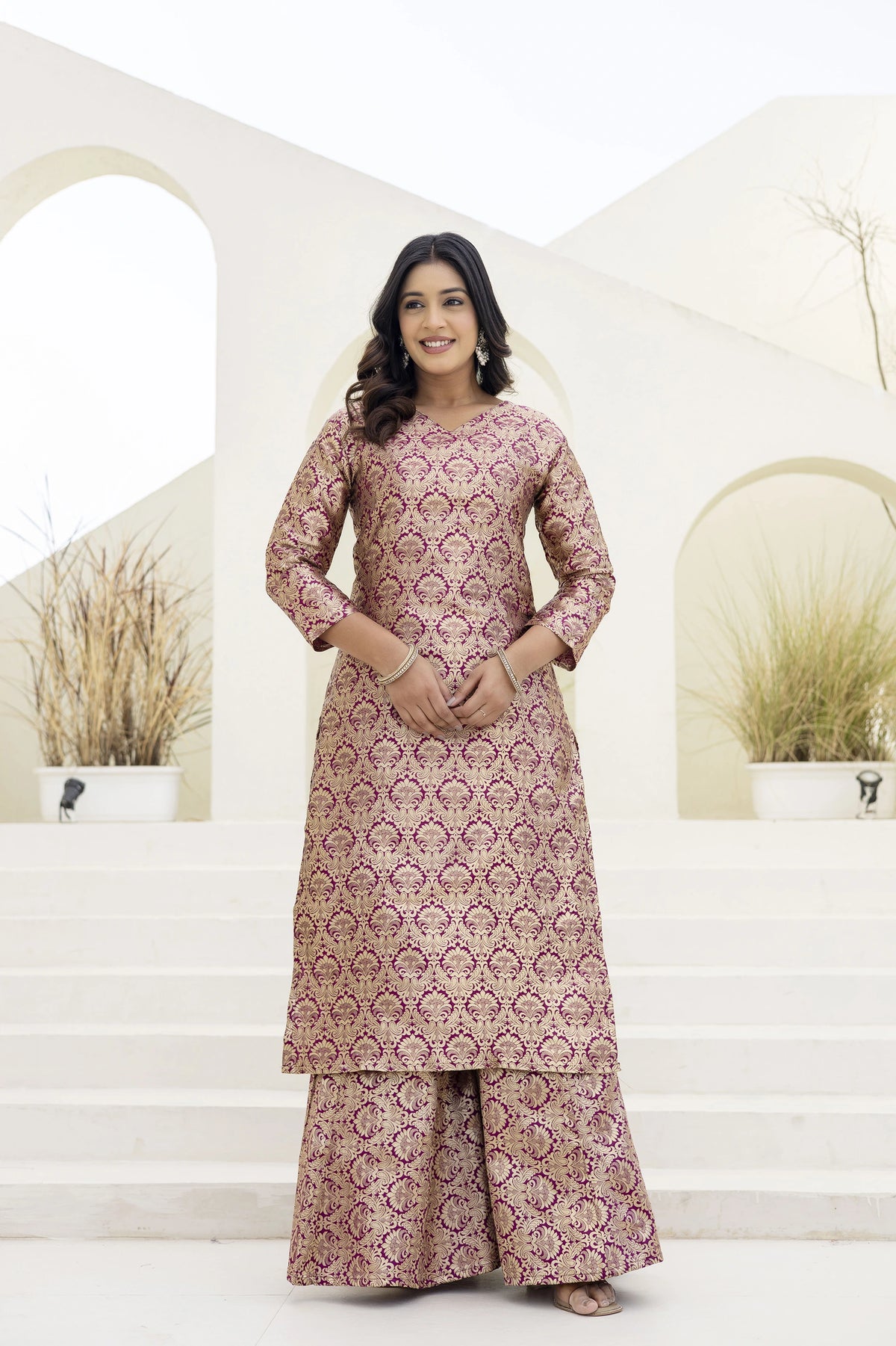 maroon jacquard work viscose suit
