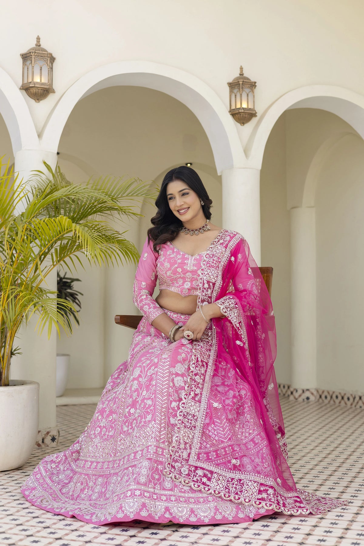 pink sequins codding zari embroidered natural crap silk lehenga