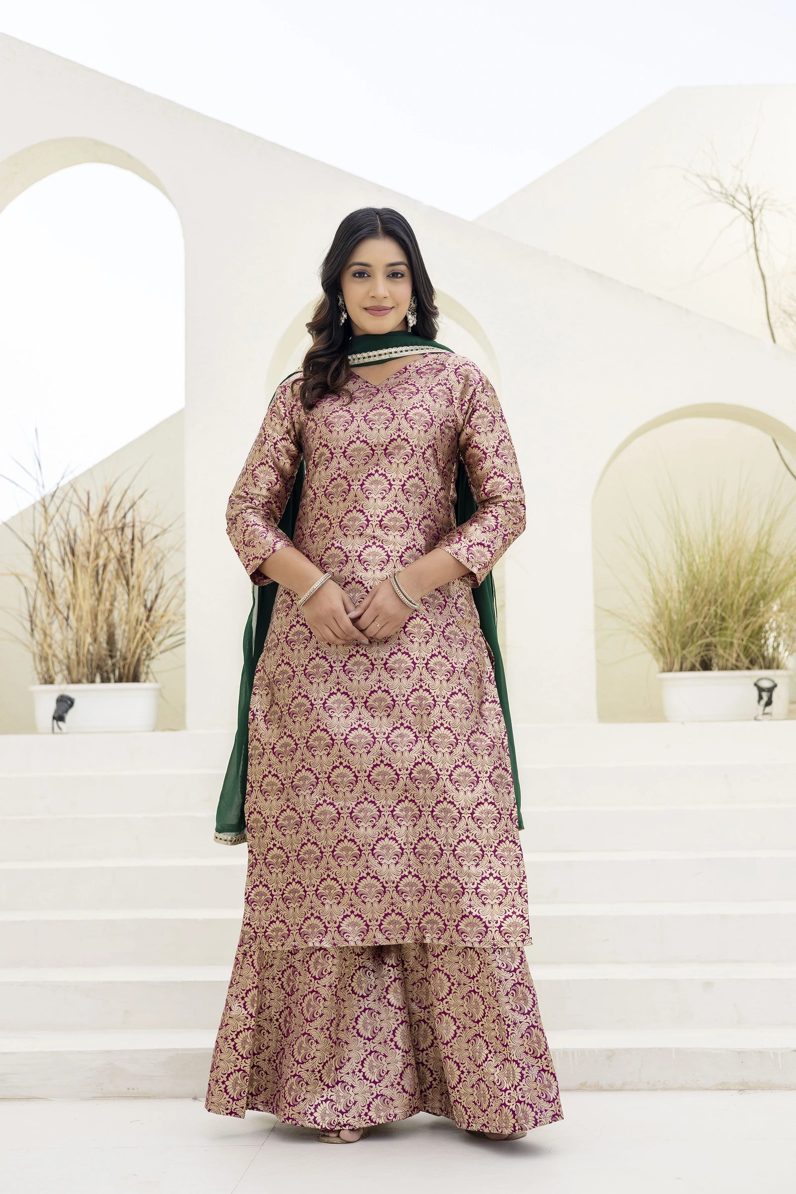 Maroon Jacquard Work Viscose Suit