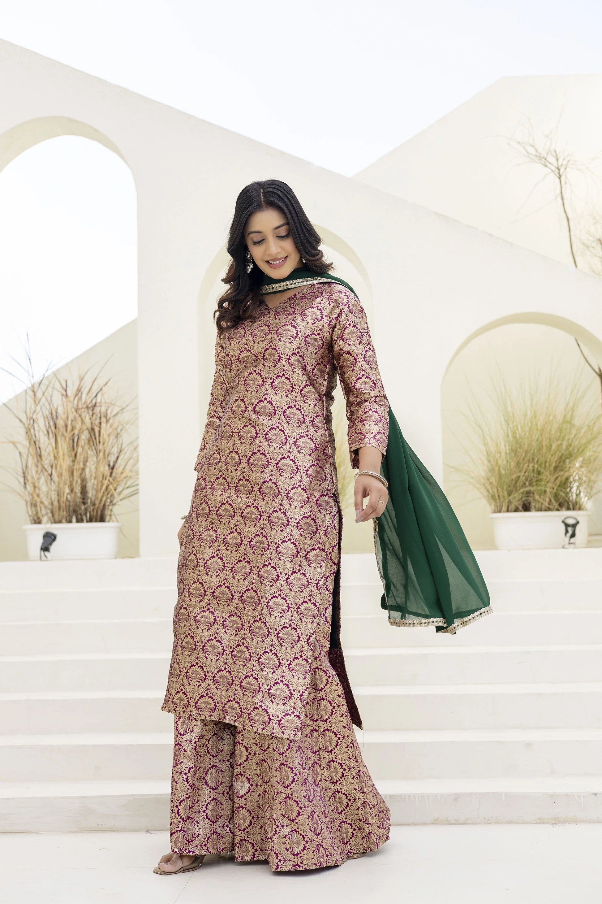 maroon jacquard work viscose suit