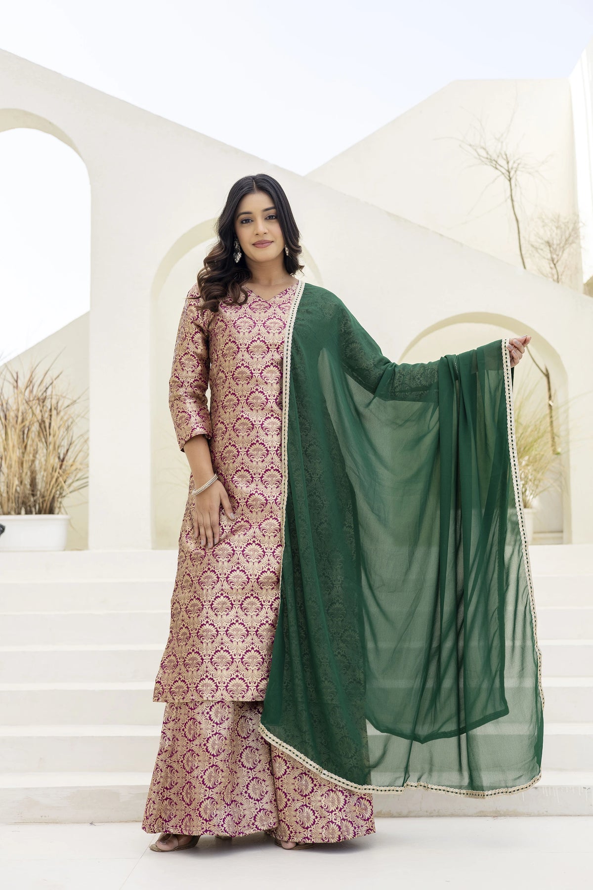 maroon jacquard work viscose suit