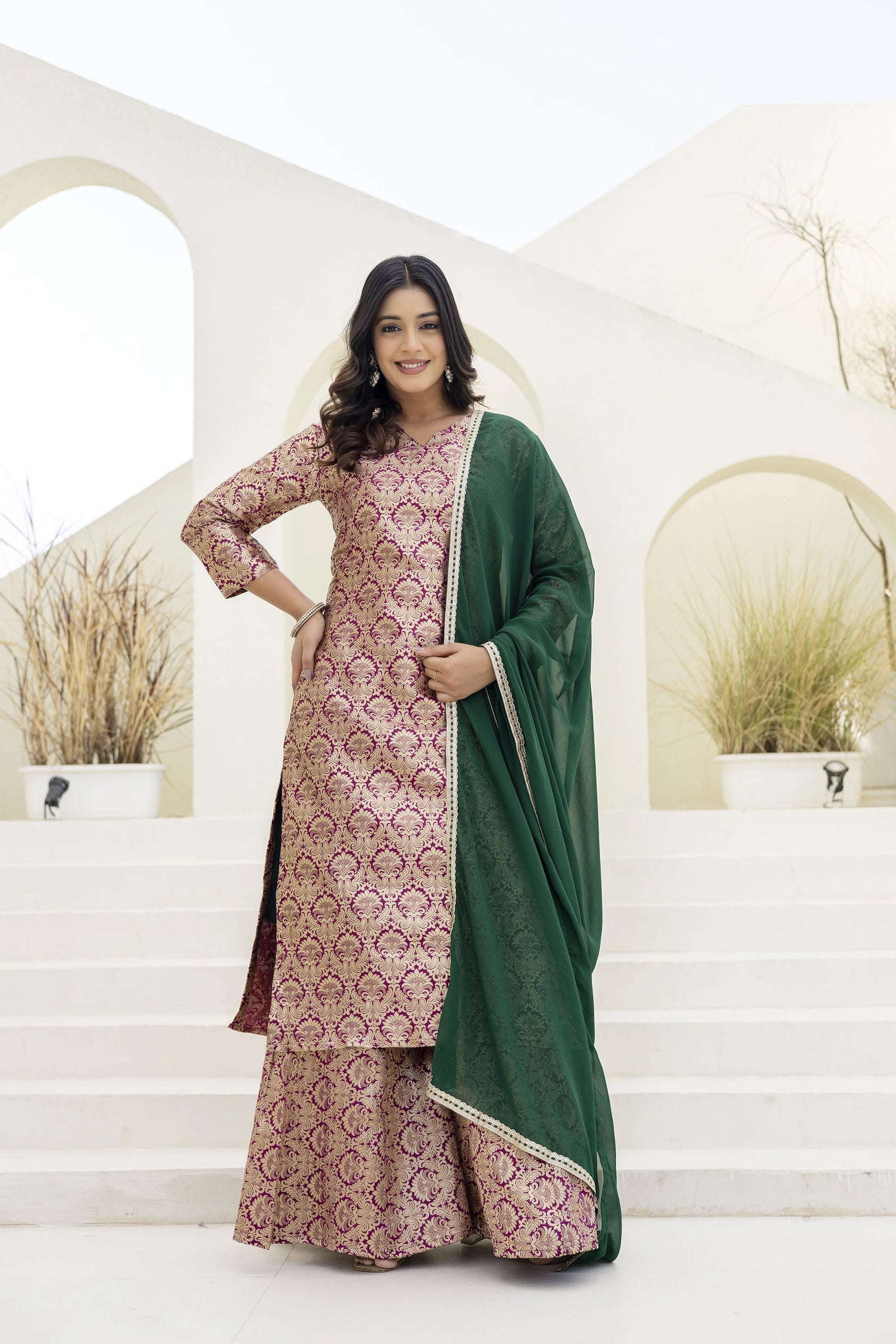 maroon jacquard work viscose suit