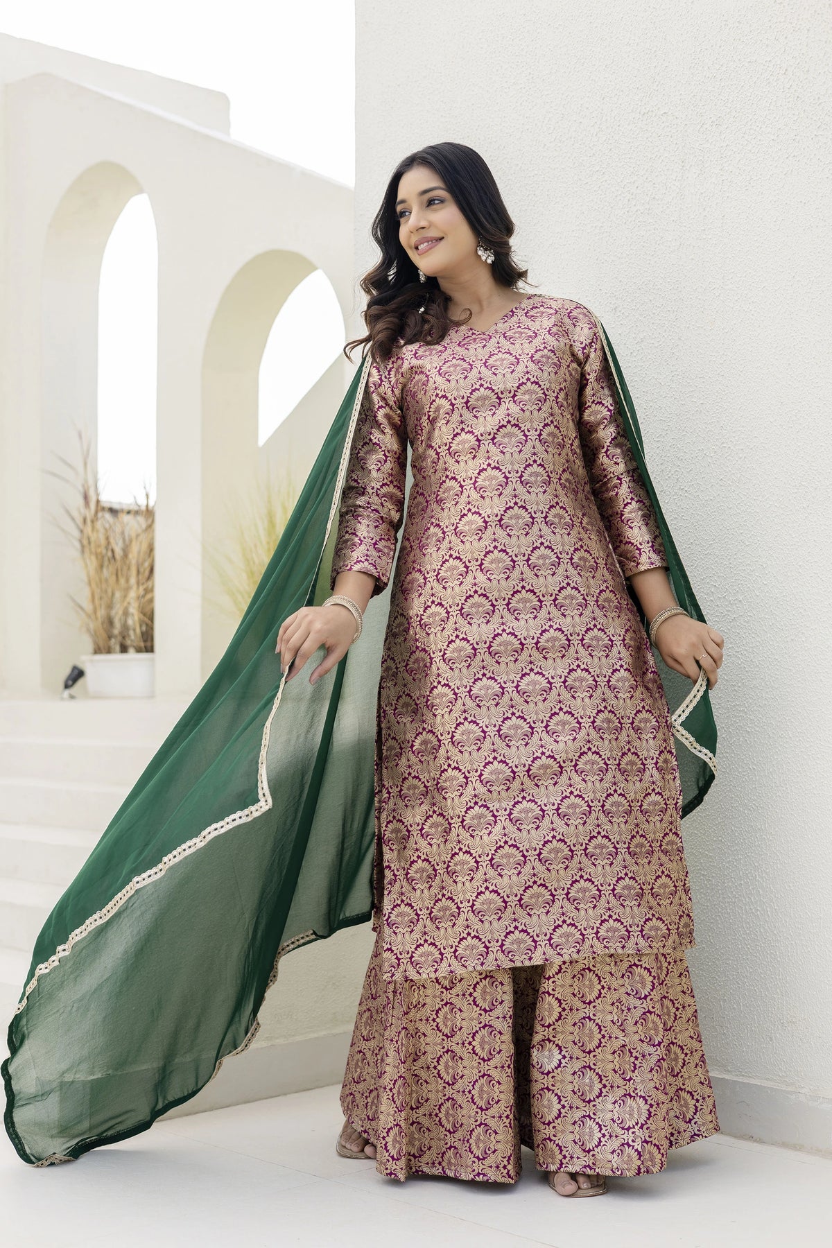 Maroon Jacquard Work Viscose Suit
