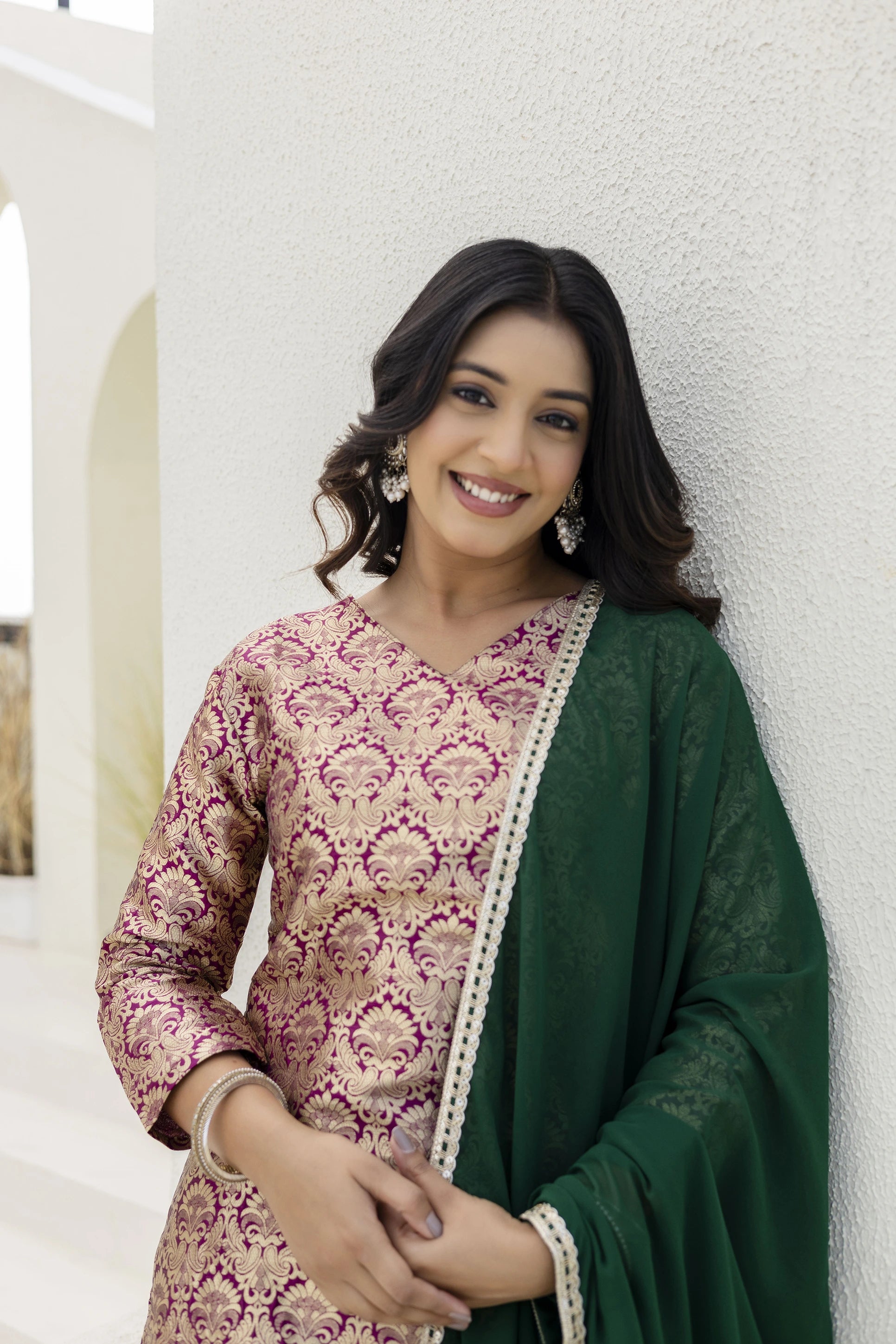 maroon jacquard work viscose suit