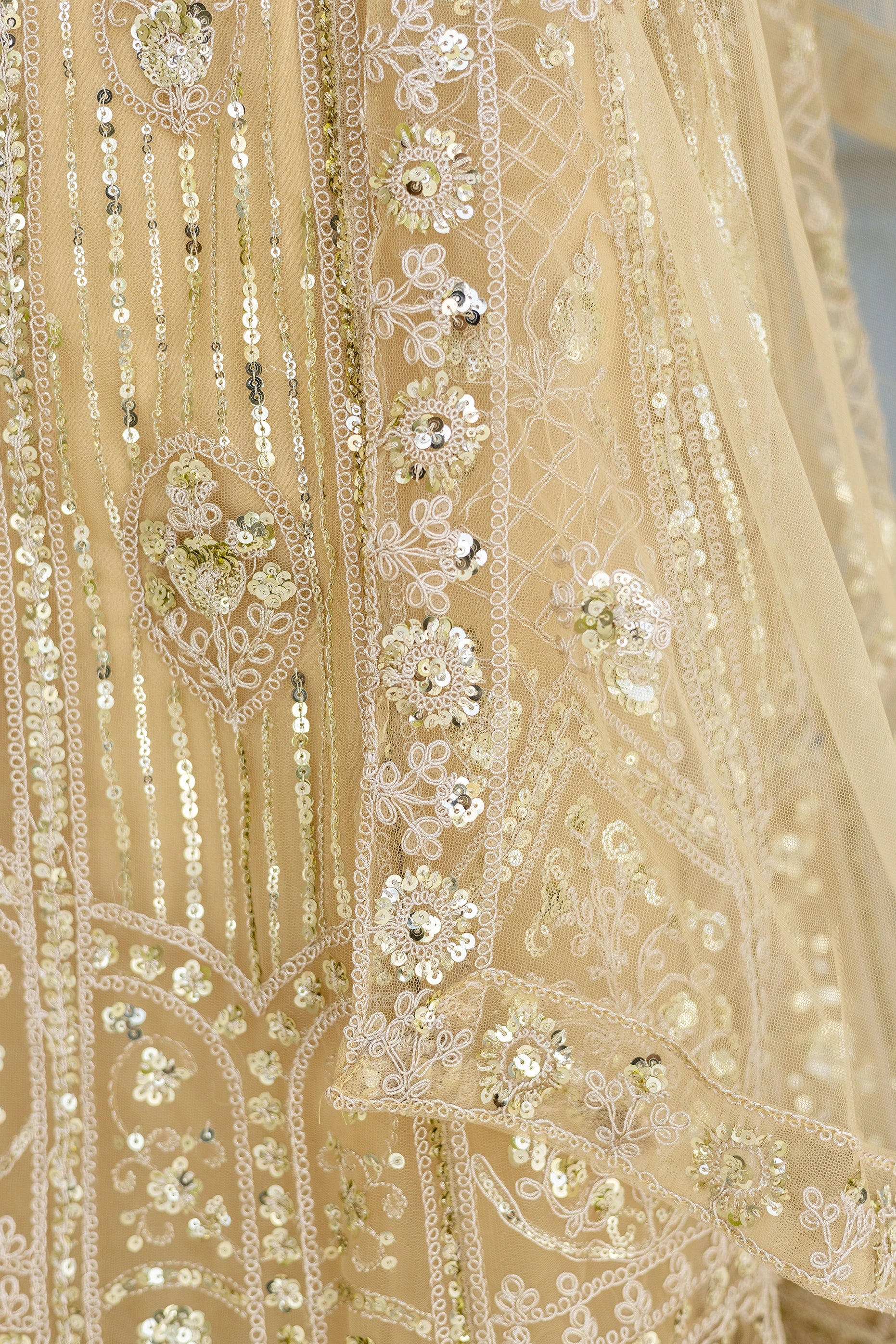 Beige Sequins Codding Embroidered Butterfly Net Lehenga