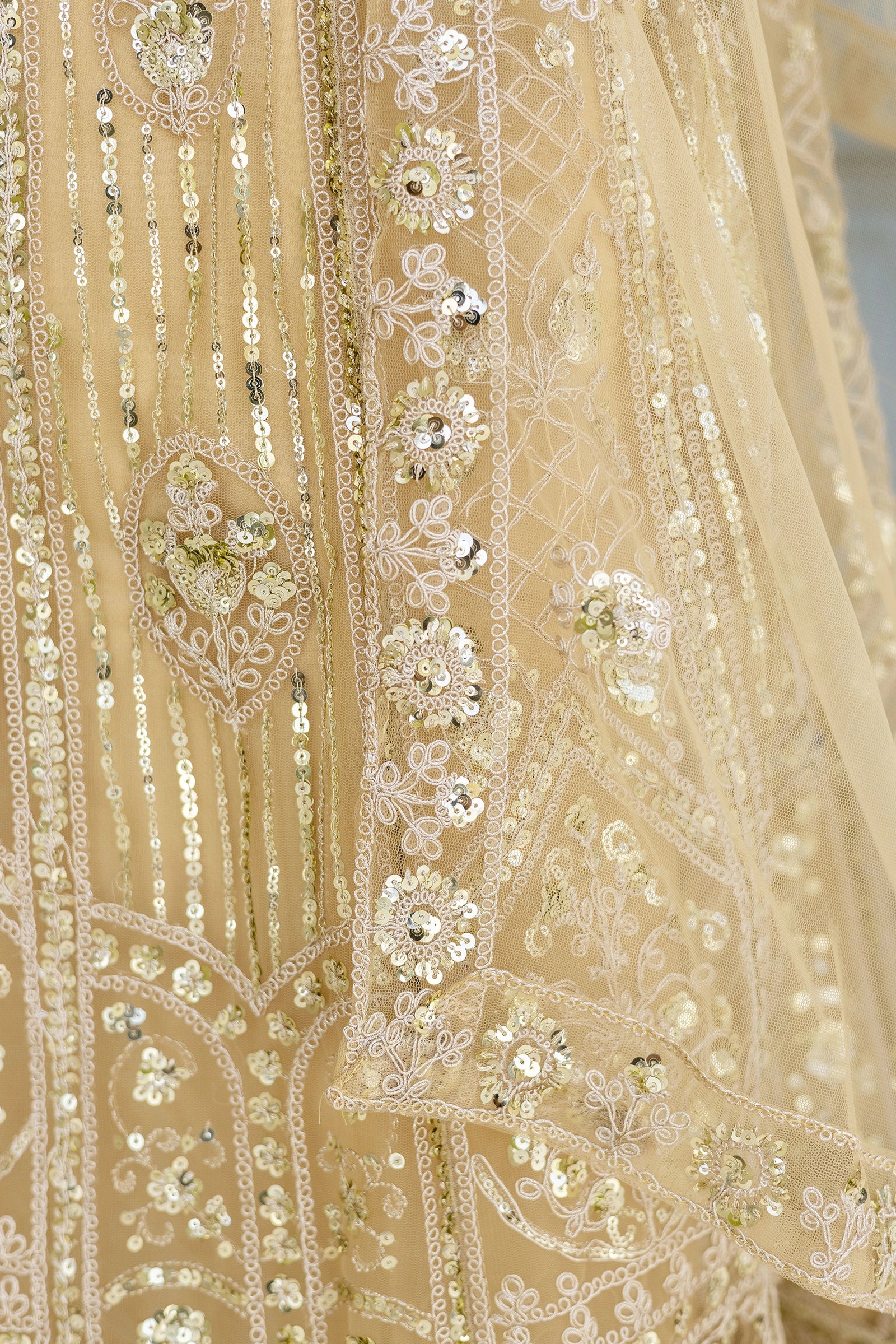 Beige Sequins Codding Embroidered Butterfly Net Lehenga