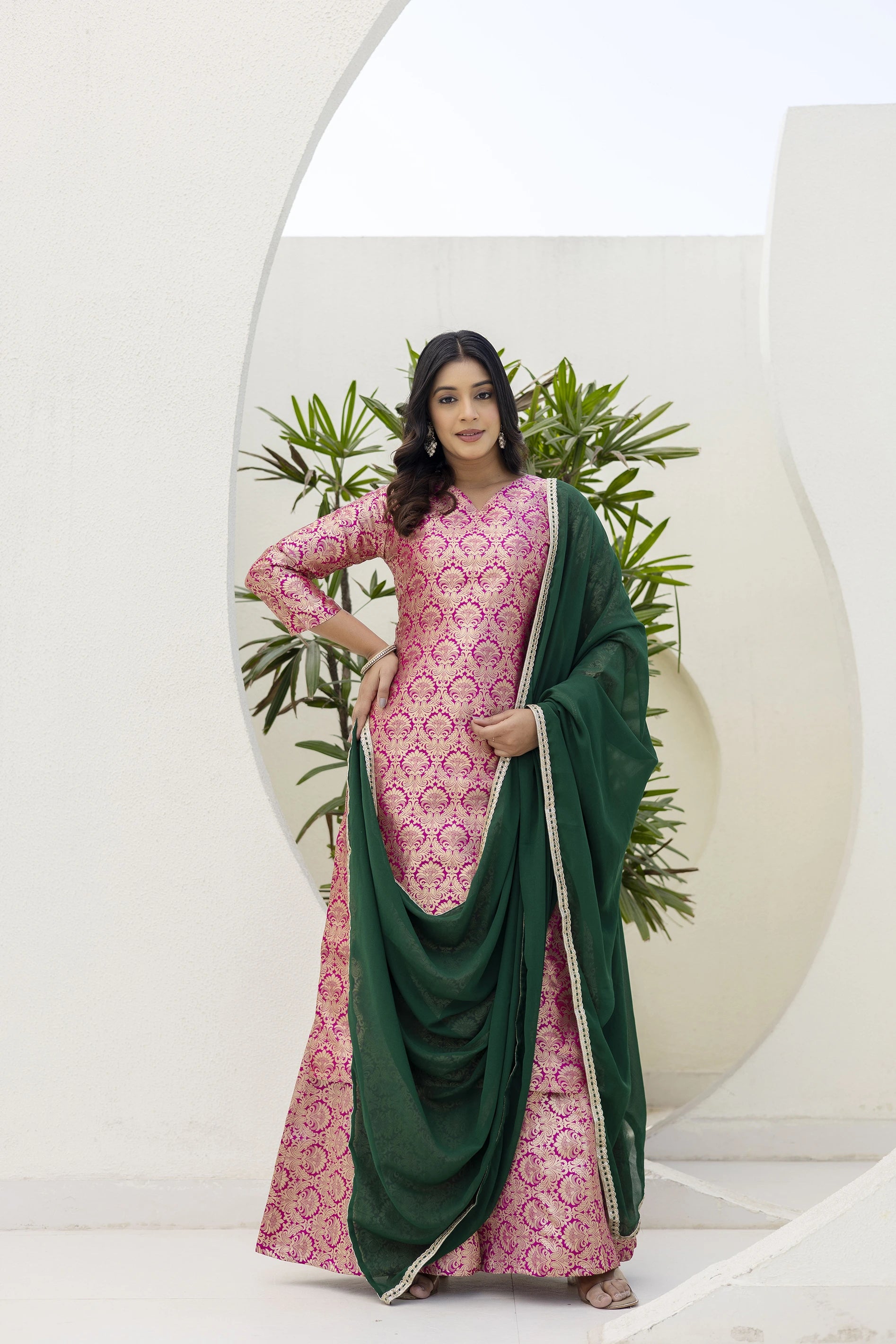 Dark Pink Jacquard Work Viscose Suit